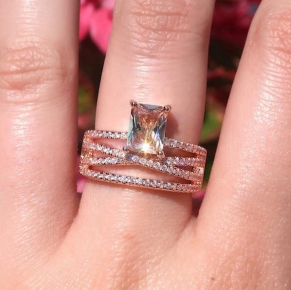 Emerald Cut Citrine and Diamond Triple Band Ring - Picture 8 of 8